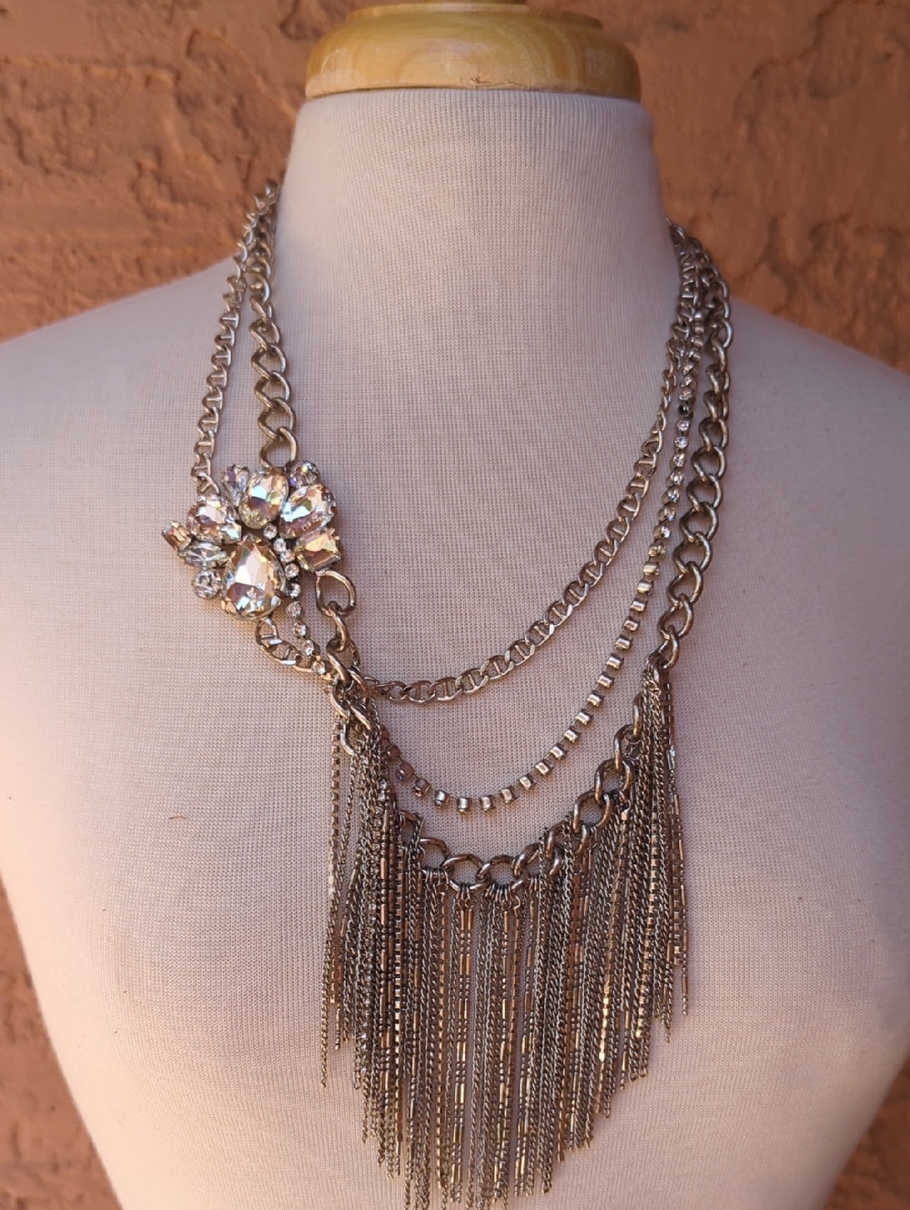 Chico's Silver tone Multi-chain Fringe Necklace with Crystal Cluster